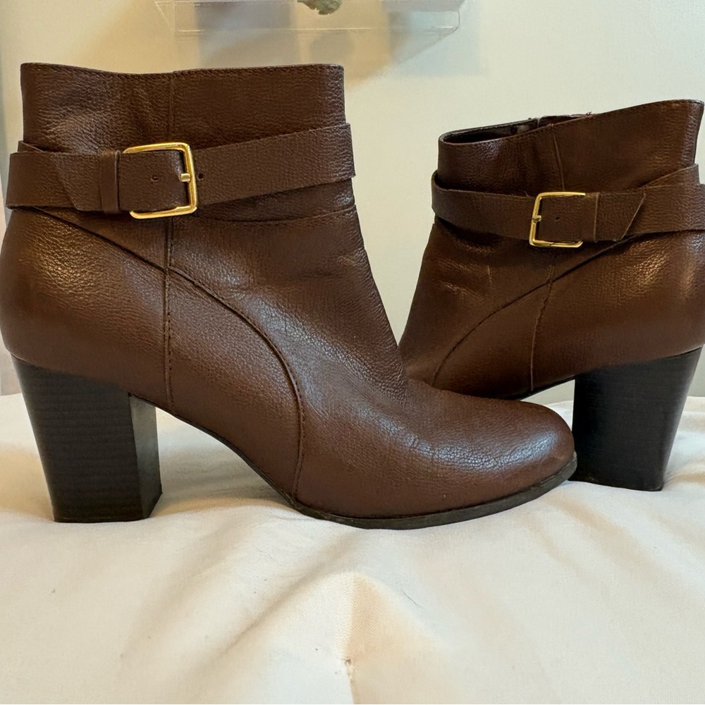 Cole Haan Dark Brown Leather Ankle Booties with Gold Buckle
